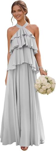 Tiered Bridesmaid Dresses for Women Halter Ruffle Chiffon A Line Long Formal Evening Gowns in Saudi Arabia