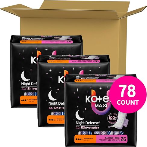 Kotex Overnight Maxi Pads with Wings, 78 Count (3 Packs of 26)(Packaging May Vary) in Saudi Arabia