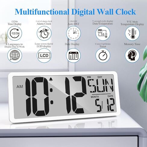 Large Digital Wall Clock 15.1 Inch Alarm Clock for Bedroom Wall Clocks Battery Operated Digital Clock Large Display with Temperature Desk Clocks for Office Living Room Decor in Saudi Arabia