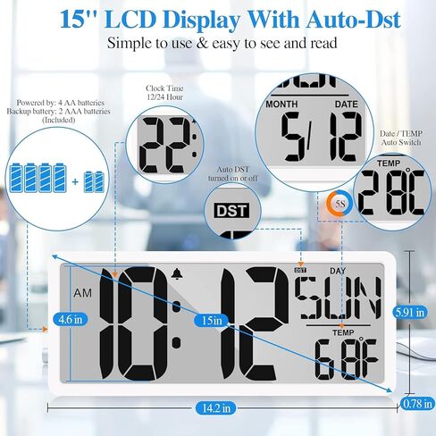 Large Digital Wall Clock 15.1 Inch Alarm Clock for Bedroom Wall Clocks Battery Operated Digital Clock Large Display with Temperature Desk Clocks for Office Living Room Decor in Saudi Arabia