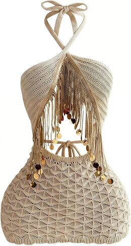 GORGLITTER Women's Crochet Halter Dress Cutout Open Back Fringe Backless Summer Beach Vacation Mini Sundress in Kuwait