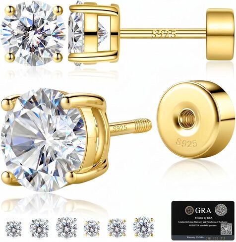 Moissanite Stud Earrings for Women, S925 Sterling Silver Screw Back Flat Back Earrings, Hypoallergenic 14K Gold/White Gold Plated Cartilage Piercing Studs, D Color VVS1 Round Cut 3-5mm in Saudi Arabia