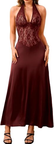 ChiaoLezhee Women's Sexy & Elegant Satin Lace Maxi Dress, Halter Backless Deep-V Dresses for Cocktail Party Wedding Guest in Kuwait