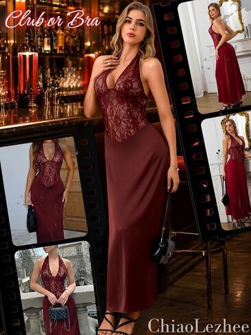 ChiaoLezhee Women's Sexy & Elegant Satin Lace Maxi Dress, Halter Backless Deep-V Dresses for Cocktail Party Wedding Guest in Kuwait