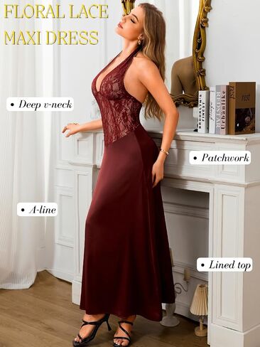 ChiaoLezhee Women's Sexy & Elegant Satin Lace Maxi Dress, Halter Backless Deep-V Dresses for Cocktail Party Wedding Guest in Kuwait