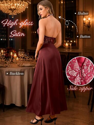 ChiaoLezhee Women's Sexy & Elegant Satin Lace Maxi Dress, Halter Backless Deep-V Dresses for Cocktail Party Wedding Guest in Kuwait