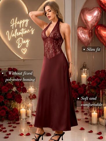 ChiaoLezhee Women's Sexy & Elegant Satin Lace Maxi Dress, Halter Backless Deep-V Dresses for Cocktail Party Wedding Guest in Kuwait