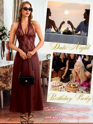 ChiaoLezhee Women's Sexy & Elegant Satin Lace Maxi Dress, Halter Backless Deep-V Dresses for Cocktail Party Wedding Guest in Kuwait