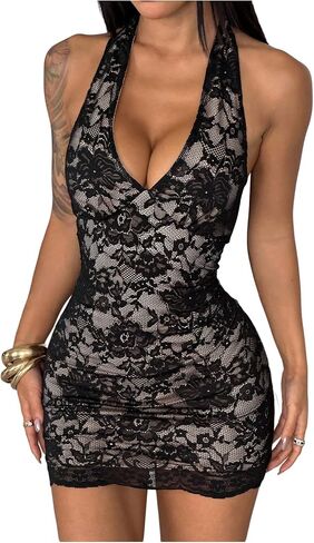 BEAUDRM Women's Floral Lace Bodycon Halter Mini Dress Sexy Deep V Backless Sleeveless Party Club Rave Night Out Dresses in Kuwait