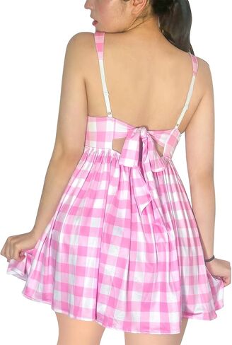 Littleforbig Unisex Silky Sissy Sorority Stepford Dress - Pink & White Gingham Pleated Skirt Dress with Back Bow in Kuwait