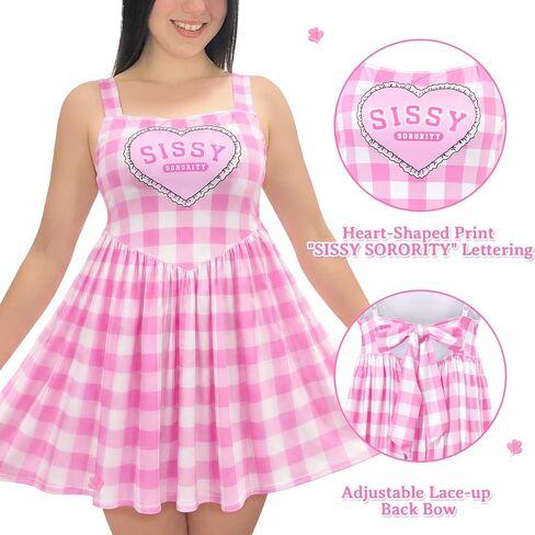 Littleforbig Unisex Silky Sissy Sorority Stepford Dress - Pink & White Gingham Pleated Skirt Dress with Back Bow in Kuwait
