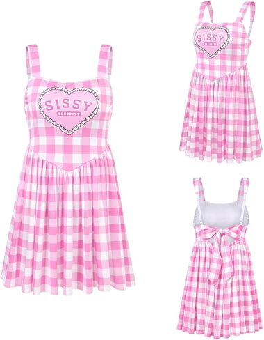 Littleforbig Unisex Silky Sissy Sorority Stepford Dress - Pink & White Gingham Pleated Skirt Dress with Back Bow in Kuwait