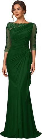 Boat Neck Mother of The Bride Dress Long Chiffon Prom Dresses Lace Appliques Formal Evening Gown for Women in Saudi Arabia