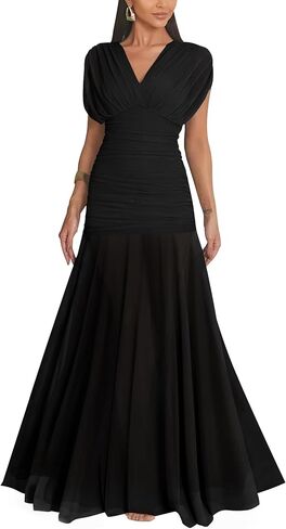 GOKATOSAU Women's Elegant Formal V Neck Bodycon Maxi Dress | Mesh Cap Sleeve, Ruched, Ruffle Hem, Long in Saudi Arabia