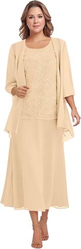 2 Pieces Mother of The Bride Dresses for Wedding Tea Length Lace Chiffon Wedding Guest Dress with Sleeves BWL024 in Saudi Arabia