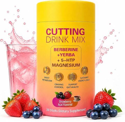 Cutting Drinking Mix | Gut Health & Energy | with Magnesium,Berberine,5-HTP,Yerba Mate &FOS | Strawberry Acai Flavored | 30 Servings in Saudi Arabia