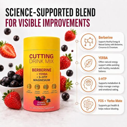 Cutting Drinking Mix | Gut Health & Energy | with Magnesium,Berberine,5-HTP,Yerba Mate &FOS | Strawberry Acai Flavored | 30 Servings in Saudi Arabia