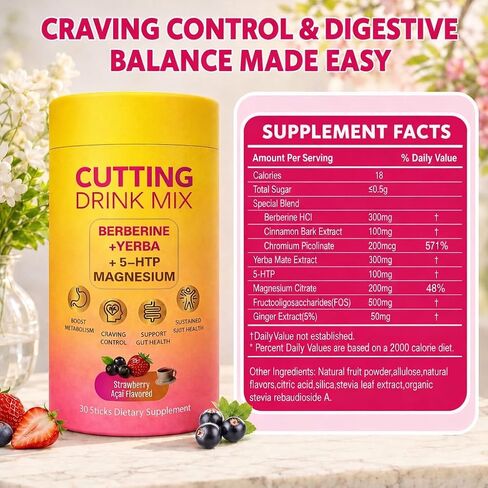 Cutting Drinking Mix | Gut Health & Energy | with Magnesium,Berberine,5-HTP,Yerba Mate &FOS | Strawberry Acai Flavored | 30 Servings in Saudi Arabia