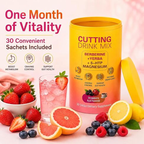 Cutting Drinking Mix | Gut Health & Energy | with Magnesium,Berberine,5-HTP,Yerba Mate &FOS | Strawberry Acai Flavored | 30 Servings in Saudi Arabia