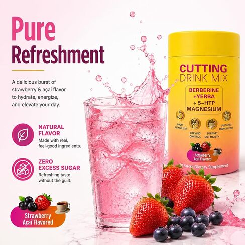 Cutting Drinking Mix | Gut Health & Energy | with Magnesium,Berberine,5-HTP,Yerba Mate &FOS | Strawberry Acai Flavored | 30 Servings in Saudi Arabia