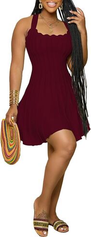 Ulovmi Women's Square Neck Sleeveless Strap Bodycon Mini Dress Summer Casual Knit A-Line Dresses in Saudi Arabia