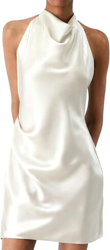Womens Satin Halter Neck Mini Dress Sleeveless Sexy Cocktail Party Open Back Dress Summer Beach Formal Club Outfits in Kuwait