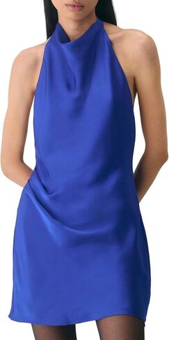 Womens Satin Halter Neck Mini Dress Sleeveless Sexy Cocktail Party Open Back Dress Summer Beach Formal Club Outfits in Kuwait