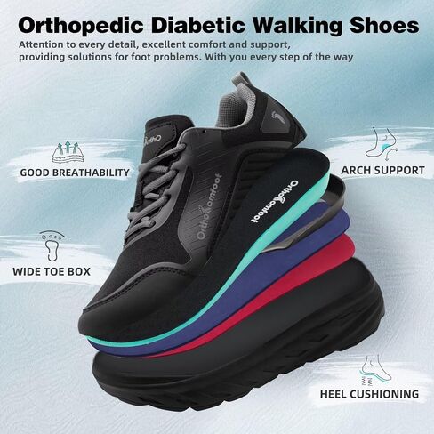Men's Orthopedic Diabetic Walking Shoes: Wide Toe Box Comfort Arch Support Tennis Shoes, Plantar Fasciitis Flat Feet Orthotic Sports Running Sneakers for Foot and Heel Pain Relief in Kuwait