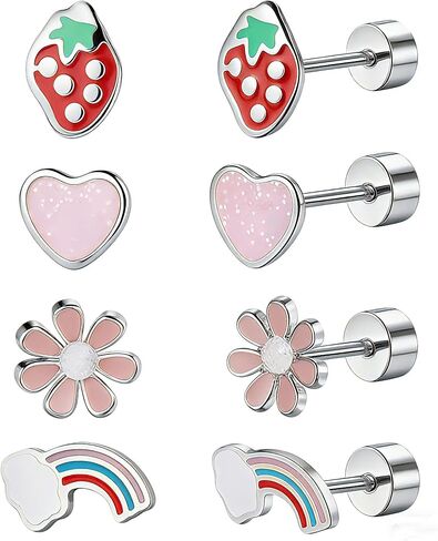 Hypoallergenic Surgical Steel Screw Back Earrings for Girls 14K Gold Flat Back Earring for Sensitive Ears Flower Pink Heart Strawberry Rainbow Ear Piercing Jewelry in Saudi Arabia