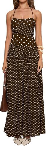 Women Polka Dot Maxi Dresses Halter Backless Patchwork Flowy Party Vacation Dress in Saudi Arabia
