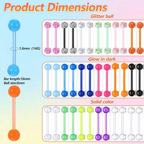 36Pcs Plastic Tongue Rings, 14G Acrylic Tongue Rings, Mixed Color 16mm Bar in Kuwait