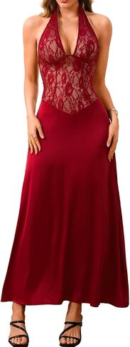 ChiaoLezhee Women's Sexy & Elegant Satin Lace Maxi Dress, Halter Backless Deep-V Dresses for Cocktail Party Wedding Guest in Kuwait