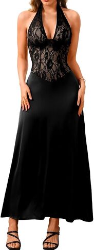 ChiaoLezhee Women's Sexy & Elegant Satin Lace Maxi Dress, Halter Backless Deep-V Dresses for Cocktail Party Wedding Guest in Kuwait