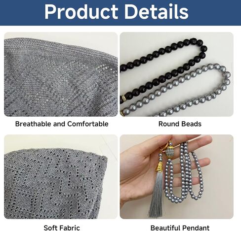 2 Pack Kufi Hats for Men Muslim, Breathable Crochet Prayer Cap Taqiyah, Handicraft Skull Beanie with Tasbih 99 Beads, Islamic Clothing Accessories for Prayer in Saudi Arabia