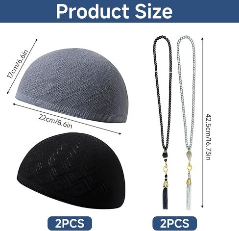 2 Pack Kufi Hats for Men Muslim, Breathable Crochet Prayer Cap Taqiyah, Handicraft Skull Beanie with Tasbih 99 Beads, Islamic Clothing Accessories for Prayer in Saudi Arabia