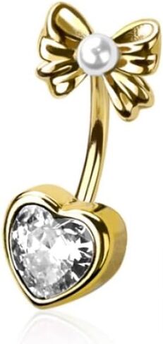 Pierced Owl 14GA 316L Stainless Steel Crystal Heart with Bow and Faux Pearl Top Belly Button Ring in Kuwait
