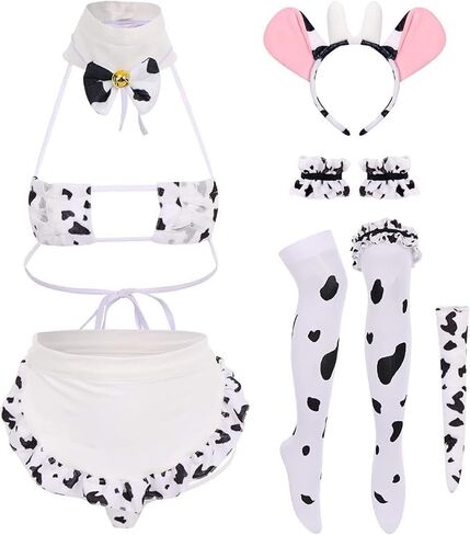 Women Sexy Milk Cow Lingerie Set Anime Maid Cosplay Costume Mini Bikini Bra Bodysuit with Bell Choker Stockings Outfit in Kuwait