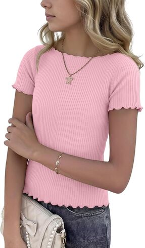 Halfchet Girls Short Sleeve T-Shirts 5-16 Years Boat Neck Lettuce Trim Ribbed Tops Kid Tight Slim Fit Summer Casual Cute Tees in Kuwait