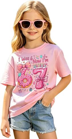 7th Birthday Shirt Girls I was 6 Now Im 7 Tshirt Donut Bow 7 Year Old Birthday Girl Outfit Kid Funny Seventh Party Top in Kuwait