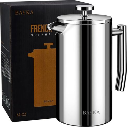 BAYKA French Press Coffee Tea Maker 34oz, 304 Stainless Steel Insulated Coffee Press with 4 Filter Screens, Milk Frother, Rust-Free, Dishwasher Safe, Silver in Kuwait