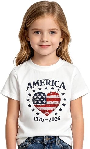 Girls 4th of July Shirt Toddler Girl American Heart Flag Outfit USA T-Shirt Independence Day Patriotic Tops 2-8Y in Saudi Arabia