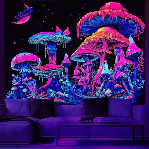 Algasan Blacklight الفطر نسيج يتوهج في الظلام الغابات المرصعة بالنجوم ليلة نسيج الأشعة فوق البنفسجية رد الفعل السحري الخيال القمر نبات المفروشات الجدار شنقا لغرفة النوم 47 × 35 بوصة in Kuwait