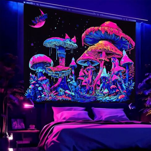 Algasan Blacklight الفطر نسيج يتوهج في الظلام الغابات المرصعة بالنجوم ليلة نسيج الأشعة فوق البنفسجية رد الفعل السحري الخيال القمر نبات المفروشات الجدار شنقا لغرفة النوم 47 × 35 بوصة in Kuwait