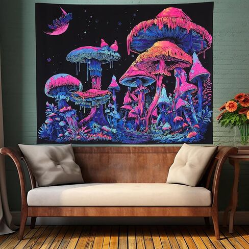 Algasan Blacklight الفطر نسيج يتوهج في الظلام الغابات المرصعة بالنجوم ليلة نسيج الأشعة فوق البنفسجية رد الفعل السحري الخيال القمر نبات المفروشات الجدار شنقا لغرفة النوم 47 × 35 بوصة in Kuwait