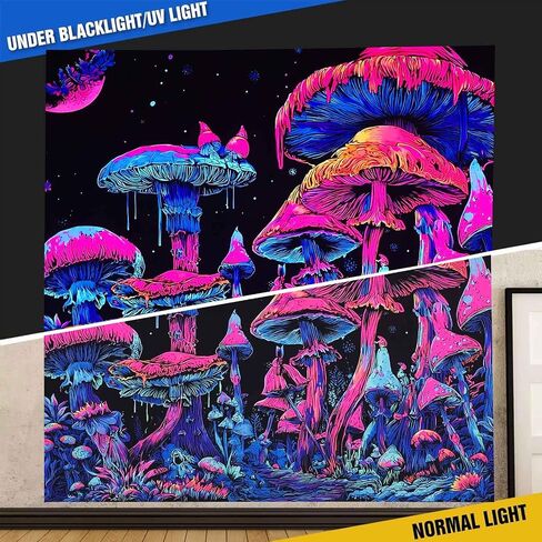 Algasan Blacklight الفطر نسيج يتوهج في الظلام الغابات المرصعة بالنجوم ليلة نسيج الأشعة فوق البنفسجية رد الفعل السحري الخيال القمر نبات المفروشات الجدار شنقا لغرفة النوم 47 × 35 بوصة in Kuwait