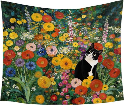 gsgfdshf Gustav Klimt Inspired Tuxedo Cat Wall Tapestry, Cat Room Decor, Colorful Floral Black and White Kitty Tapestry Wall Hanging for Bedroom Living Room Home Decor, 50x60 Inch in Kuwait