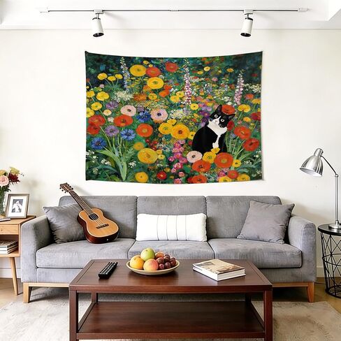 gsgfdshf Gustav Klimt Inspired Tuxedo Cat Wall Tapestry, Cat Room Decor, Colorful Floral Black and White Kitty Tapestry Wall Hanging for Bedroom Living Room Home Decor, 50x60 Inch in Kuwait