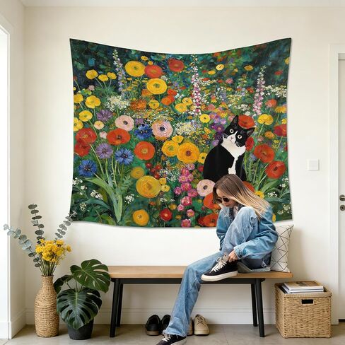 gsgfdshf Gustav Klimt Inspired Tuxedo Cat Wall Tapestry, Cat Room Decor, Colorful Floral Black and White Kitty Tapestry Wall Hanging for Bedroom Living Room Home Decor, 50x60 Inch in Kuwait