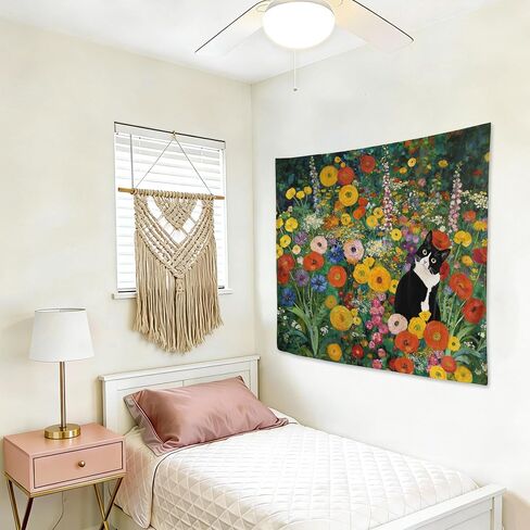 gsgfdshf Gustav Klimt Inspired Tuxedo Cat Wall Tapestry, Cat Room Decor, Colorful Floral Black and White Kitty Tapestry Wall Hanging for Bedroom Living Room Home Decor, 50x60 Inch in Kuwait