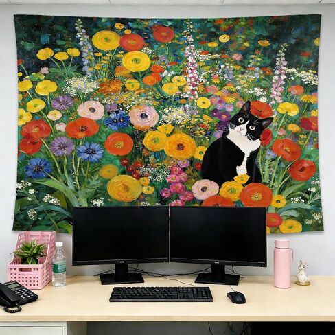 gsgfdshf Gustav Klimt Inspired Tuxedo Cat Wall Tapestry, Cat Room Decor, Colorful Floral Black and White Kitty Tapestry Wall Hanging for Bedroom Living Room Home Decor, 50x60 Inch in Kuwait
